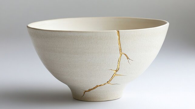 A finely crafted ceramic bowl with a visible crack artfully mended with gold kintsugi repair