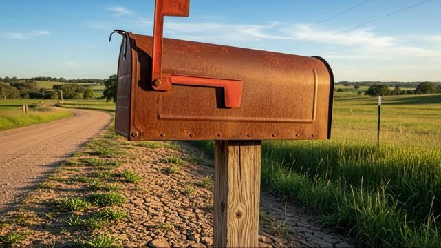 Rustic mailbox timelapse on winding country road in golden hour light