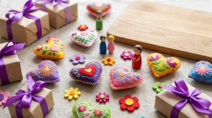 Obraz premium Creative gift wrapping ideas featuring colorful heart-shaped decorations home setting craft content cozy environment top-down viewpoint handmade concept for personal touch