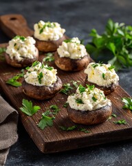 Stuffed Mushrooms with Creamy Filling on a Wooden Serving Board