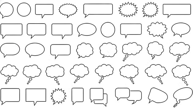 Large collection of black outline speech and thought bubbles vector illustration for communication isolated PNG with Transparent Background