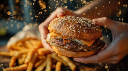 Classic cheeseburger held in two hands with melted cheddar, fresh lettuce and tomato on toasted sesame bun with French fries in the background