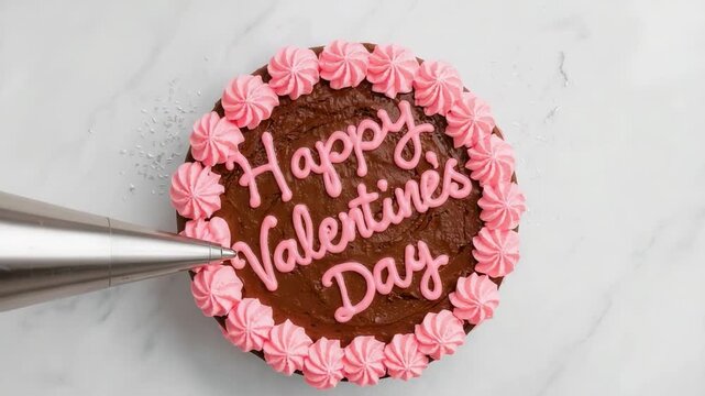 Piping tip entering from left, placing pink rosettes on chocolate cake on marble, finishing border