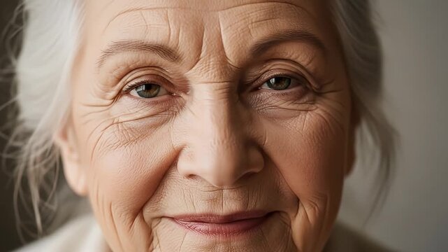 A close-up portrait of a smiling elderly woman with gentle, sparkling eyes and graceful wrinkles, reflecting a lifetime of experience and warmth. Her kind, friendly expression conveys happiness, wisdo