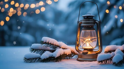 A glowing oil lantern illuminates a snowy pine branch against a backdrop of bokeh lights and falling snowflakes.