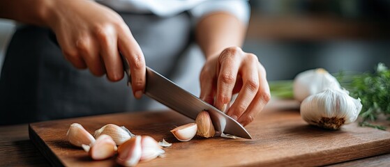 Obraz premium Woman peels garlic on wooden board in kitchen with vegetables in background during home cooking session in close-up view