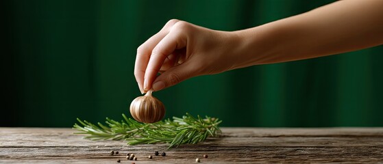 Hand picks garlic clove from dark green tabletop with rosemary and pepper in rustic kitchen setting during day