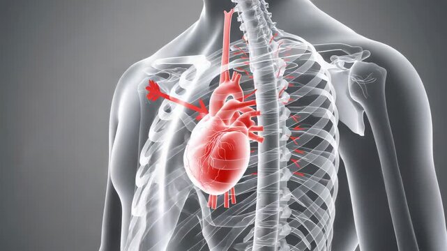 Pointing red arrow appearing from left, heart pulsing in 3D thorax, showing left LV