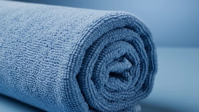 A close-up shot features a neatly rolled, soft light blue towel, showcasing its fine, textured fabric against a complementary blue background. The consistent cool color palette emphasizes a sense of c