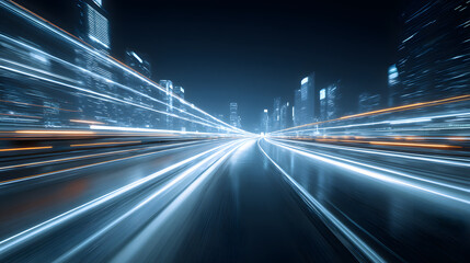Nighttime city highway with light trails
