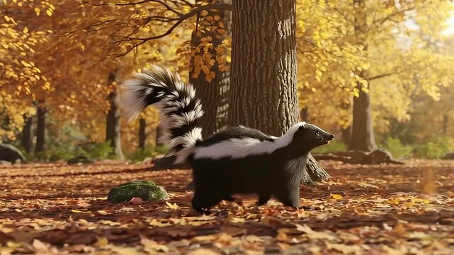 A curious striped skunk ambles gracefully through a vibrant autumn forest, its distinctive bushy tail held high amidst a soft carpet of fallen orange and brown leaves. The scene captures the beauty of