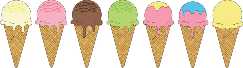 Vector illustration set featuring a row of seven diverse ice cream waffle cones with various flavors and melting toppings