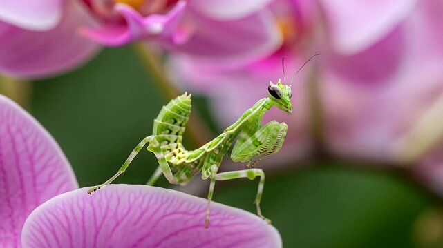 green praying mantis on pink orchid macro closeup