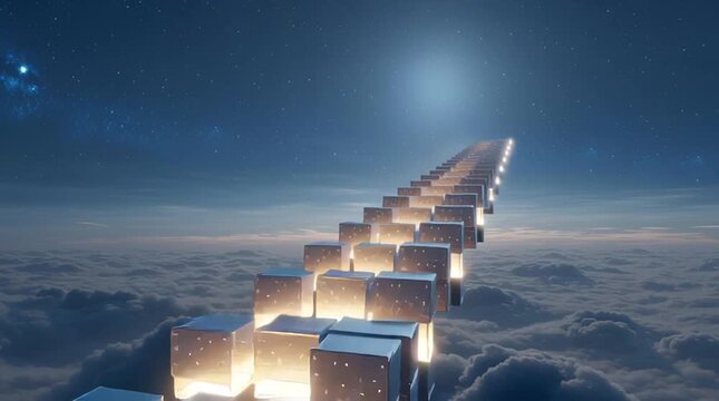 Illuminated metallic cube pathway above clouds night with starry sky and soft moonlight. glowing modular cubes walkway conveying surreal futuristic