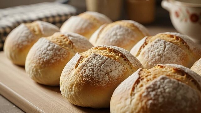 A delightful close-up shot of several freshly baked, artisan-style bread rolls cooling on a rustic wooden cutting board. Each golden-brown loaf is beautifully dusted with white flour, showcasing its c