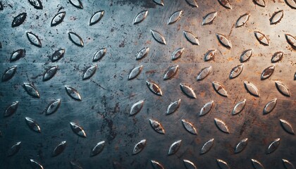 A close-up overhead view of a weathered metal diamond plate surface with raised patterns, showing signs of rust and wear, set against a textured industrial background