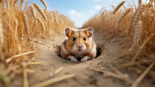 Cute hamster nibbling seed in cozy autumn leaf setting