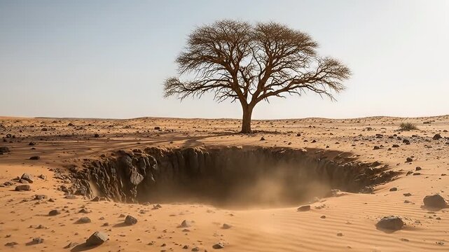 A desolate and striking desert landscape unfolds under a clear, expansive sky, featuring a lone, barren tree standing resiliently against the harsh elements. In the foreground, a dramatic and mysterio
