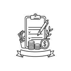 Financial planning and budgeting icon with money coins checklist and pen for business and accounting concept