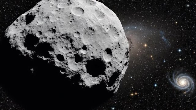 A detailed 3D rendering of a large, heavily cratered asteroid or planetoid drifts through the vast expanse of deep space. Illuminated from one side, its rugged, rocky surface is visible against a mesm