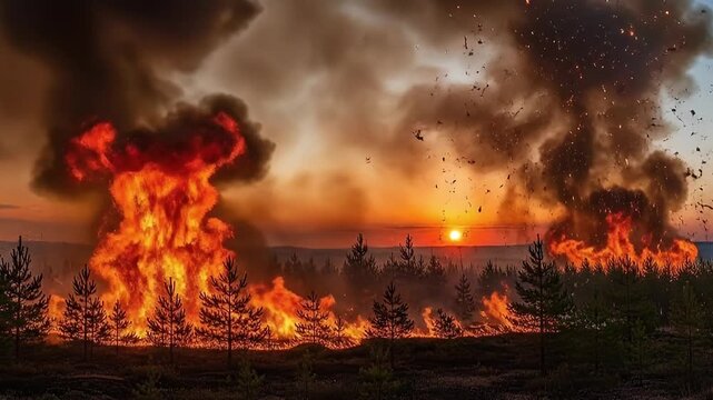 A devastating forest fire rages across a vast woodland at sunset, with towering flames consuming trees and thick, dark smoke billowing ominously into the sky. Fiery embers fly amidst the chaotic scene