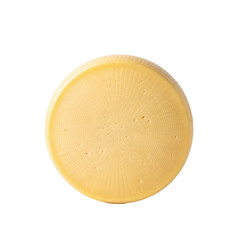 A whole, perfectly round, pristine wheel of light yellow hard cheese with natural imperfections, centered on a brilliant transparent backdrop with negative space, concept for gourmet food product