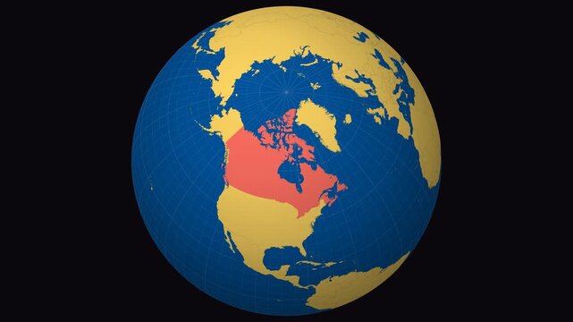 Canada on Globe. Animated zoom into the country in Ocean Blue Golden Yellow color palette. Canada logo animation. Map with meridians, parallels. Stylish video.