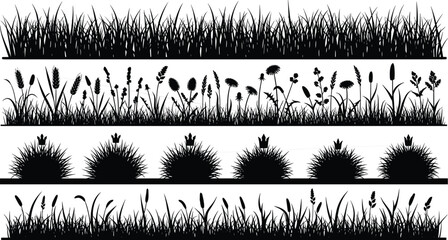 Wild grass silhouette border set, meadow plants, floral outlines, botanical nature elements, black vector illustration collection © Azom