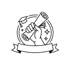 Graduation hand holding a rolled diploma scroll with academic cap and banner graphic