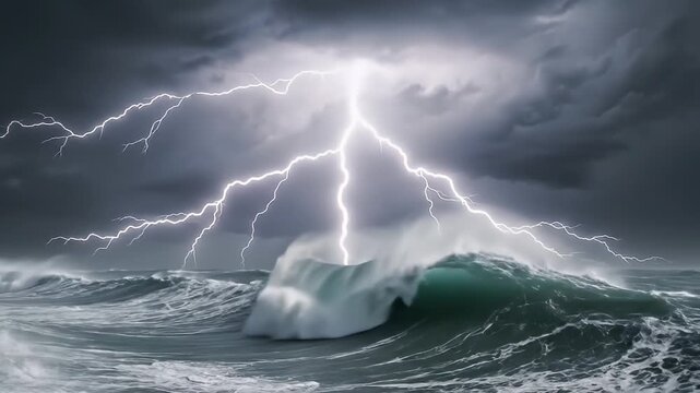 A dramatic and powerful storm rages across the vast open ocean, showcasing the raw, untamed force of nature. Heavy, dark, and ominous clouds dominate the turbulent sky, setting a foreboding atmosphere