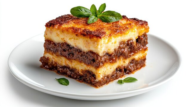 A delectable slice of moussaka, layered with rich meat sauce and creamy b?chamel, is garnished with fresh basil on a white plate, isolated against white backdrop.