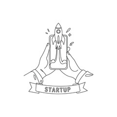 Hands holding a smartphone displaying a rocket launch with a startup banner in line art style