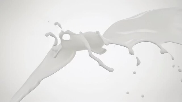 A dynamic, high-speed close-up captures a pristine white liquid in elegant motion against a clean, bright background. The fluid is shown gracefully flowing and swirling, creating smooth, undulating cu