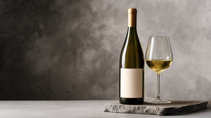 Minimal wine bottle and glass composition with blank label on dark green bottle beside rock in soft studio side light