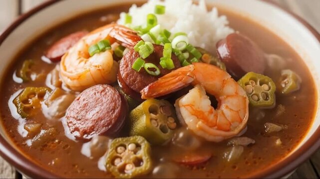 Delicious cajun gumbo with shrimp and sausage served with rice and garnished with green onions