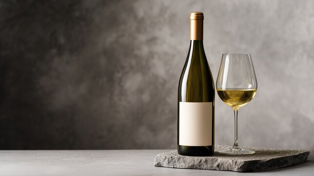 Minimal wine bottle and glass composition with blank label on dark green bottle beside rock in soft studio side light