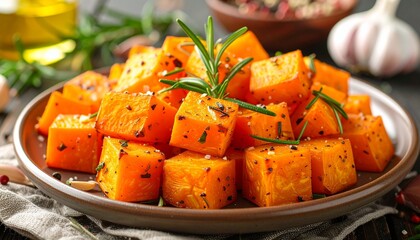 Roasted butternut squash with herbs evokes autumn flavor, rustic plating, and wholesome culinary warmth