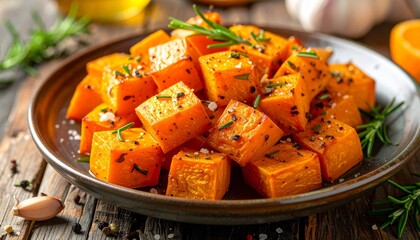 Roasted butternut squash with herbs evokes autumn flavor, rustic plating, and wholesome culinary warmth