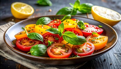 Heirloom tomato salad with basil evokes fresh summer flavor, vibrant plating, and healthy culinary elegance