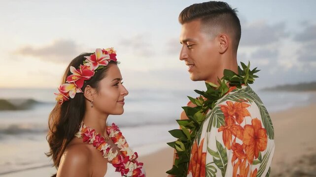 Placing hand on shoulder, woman sparking man leaning romantically beach sunset with aloha shirt