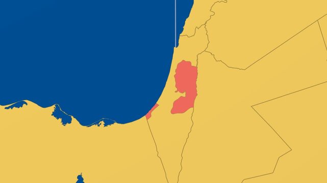 Palestine on Globe. Animated zoom into the country in Ocean Blue Golden Yellow color palette. Palestine logo animation. Map with meridians, parallels. Trending video.