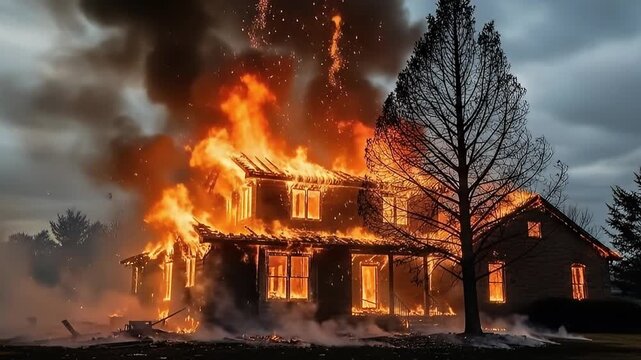 A large residential structure is fully engulfed in a fierce blaze, with roaring flames bursting from windows and the roofline, creating a dramatic and destructive scene. Thick plumes of dark smoke bil