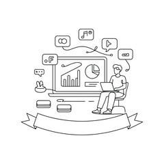 Man working on laptop with data analytics and social media icons surrounding him isolated on transparent background