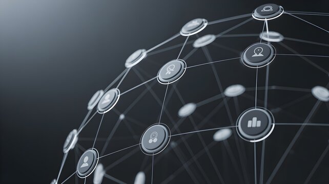 Wireframe globe with connected icon node representing global collaboration, network, data exchange and unified teamwork across borders.