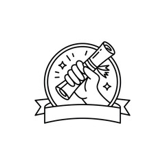 Line art illustration of a hand holding a diploma certificate with a ribbon and stars isolated on transparent background