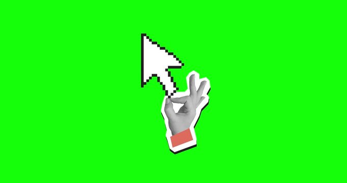 Hand holding a big pixel cursor. Modern photo collage style. Green screen background. 4K animation
