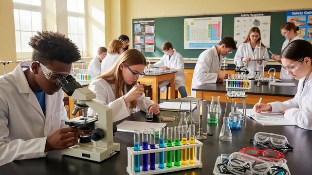 Diverse Students Conduct Science Experiments in High School Laboratory Classroom