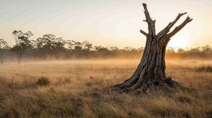 A dry cracked tree trunk stands in a field with dust swirling around it in the golden light of dawn or dusk