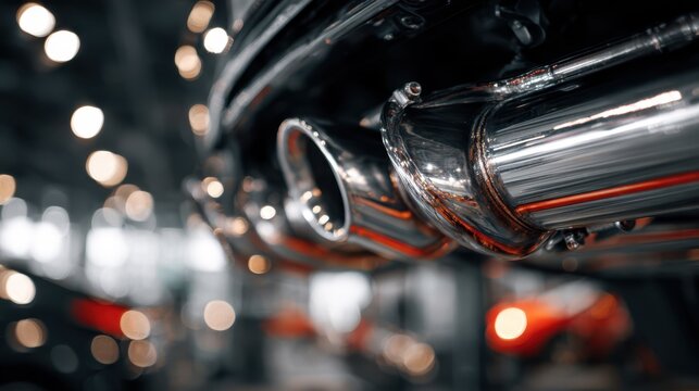 Closeup of stainless steel exhaust installation in professional workshop focusing on equipment and detailed craftsmanship in automotive upgrades.