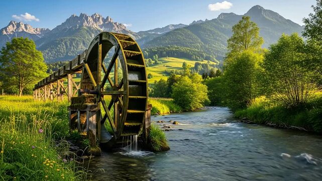 Old wooden water wheel turning in a flowing river in a scenic mountain valley with green fields.